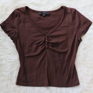 Vibe Brown Ribbed V-Neck Henley Short Sleeve Top
